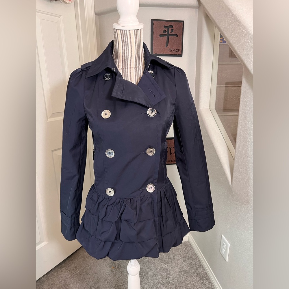Express NWOT Navy Blue Double Breasted Pocket Ruffle Peplum Pea Coat Jacket XS